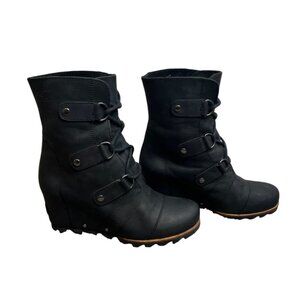 Sorel Joan Of Arctic Black Hidden Wedge Leather Lace Up Women's Boots Size 8.5